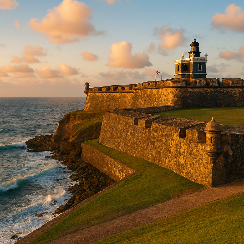 El Morro fortress in Old San Juan at sunset with Atlantic waves. best atrraction in san juan peurto rico