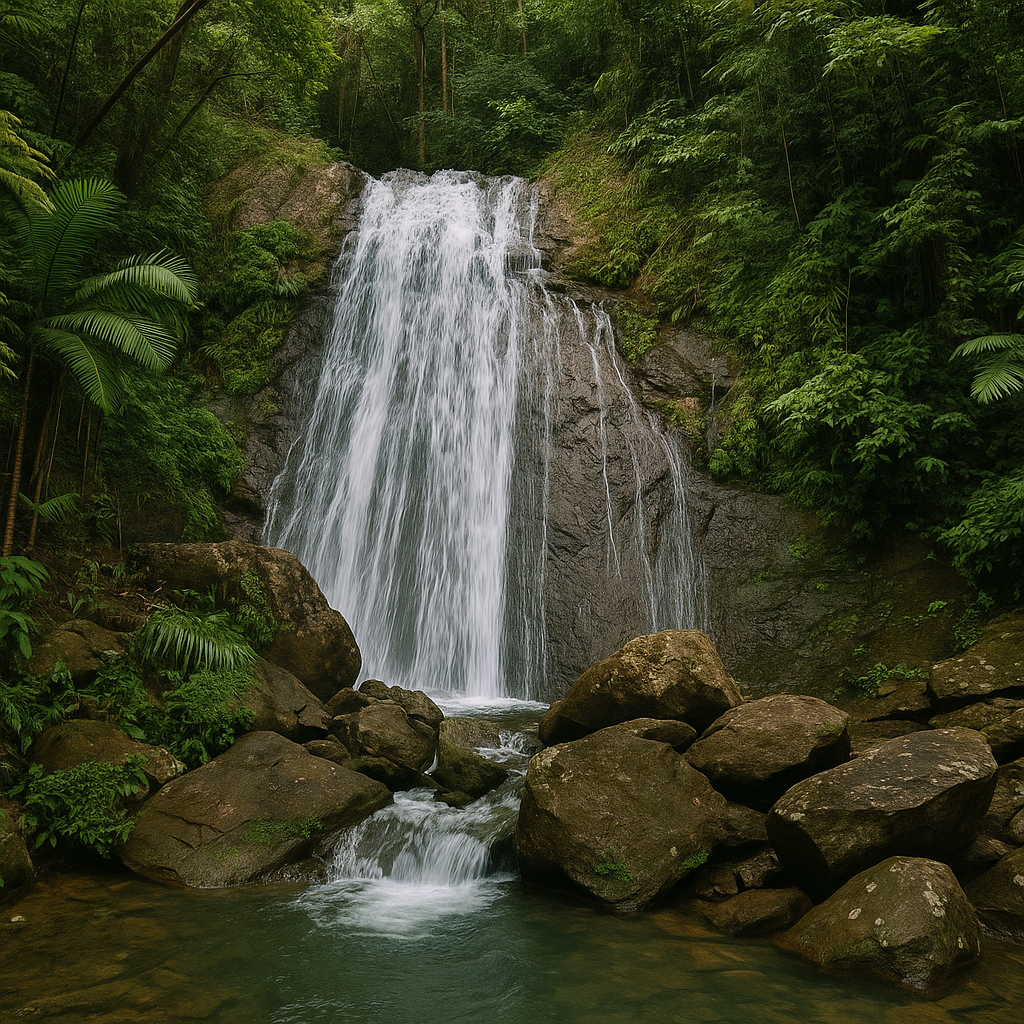 Waterfall surrounded by tropical greenery in El Yunque National Forest. Best attraction in puerto rico